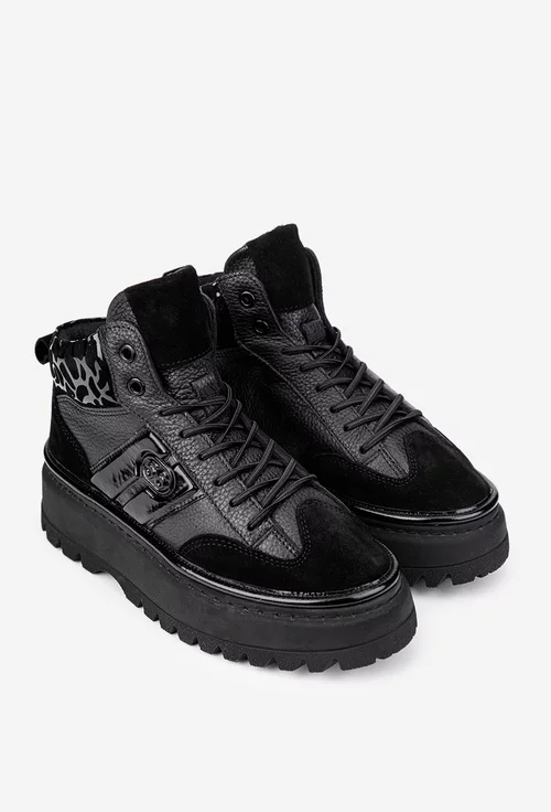 Ghete dama negre din piele cu imprimeu