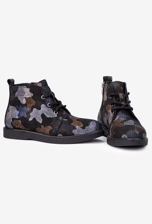 Ghete dama negre din piele cu imprimeu multicolor