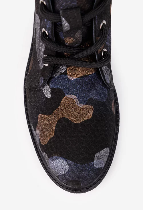 Ghete dama negre din piele cu imprimeu multicolor