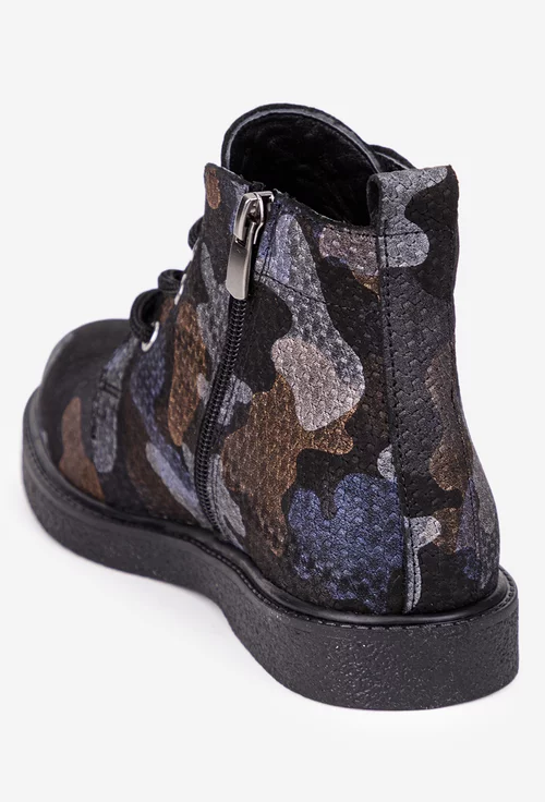 Ghete dama negre din piele cu imprimeu multicolor
