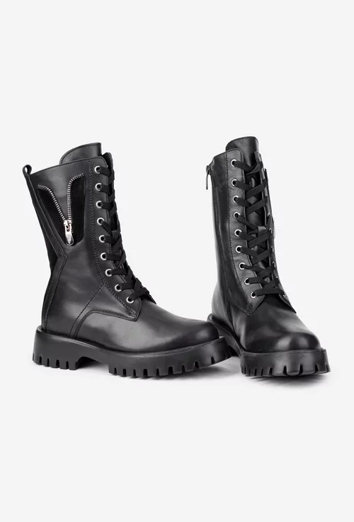 Ghete dama negre din piele cu ornament fermoar