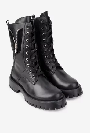 Ghete dama negre din piele cu ornament fermoar