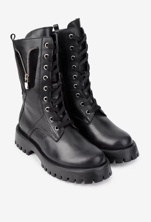 Ghete dama negre din piele cu ornament fermoar