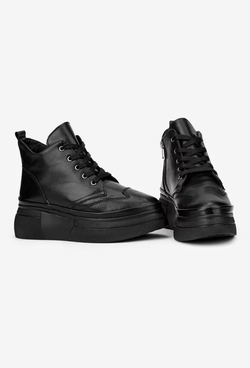 Ghete dama negre din piele cu siret si fermoar