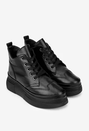 Ghete dama negre din piele cu siret si fermoar