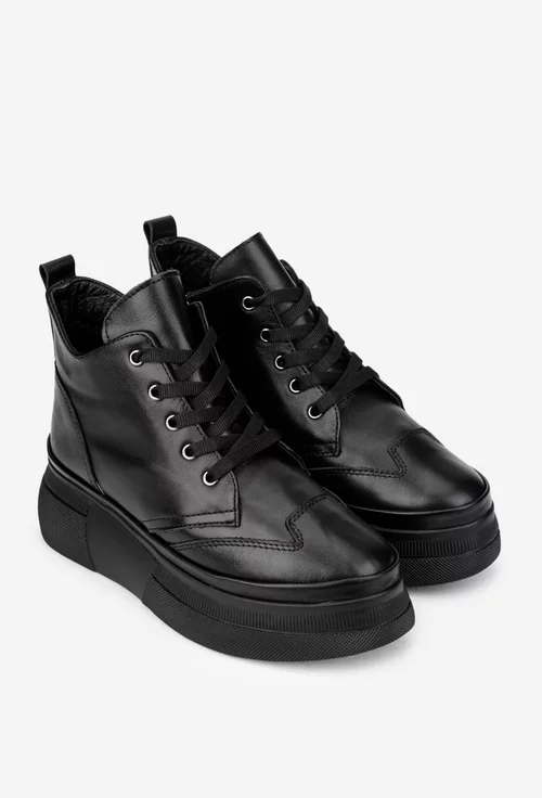 Ghete dama negre din piele cu siret si fermoar