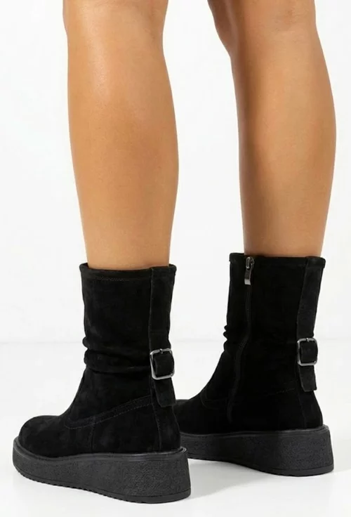 Ghete dama negre din piele intoarsa cu fermoar