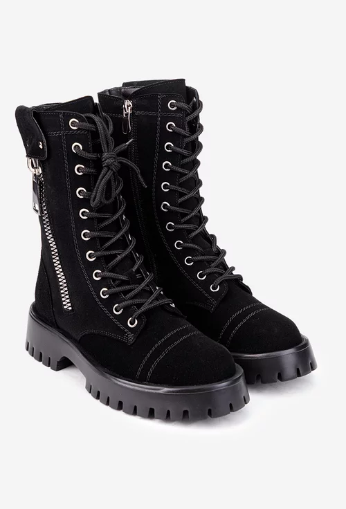 Ghete dama negre din piele intoarsa cu fermoar decorativ