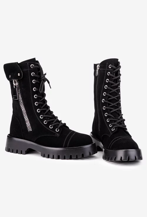 Ghete dama negre din piele intoarsa cu fermoar decorativ