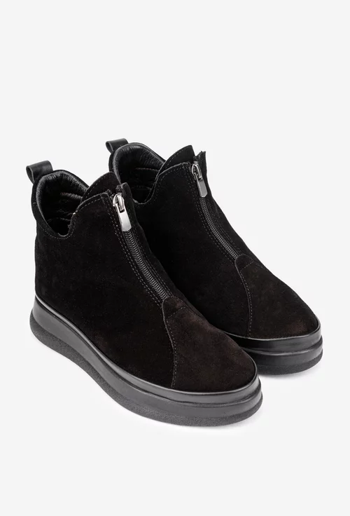 Ghete dama negre din piele intoarsa cu fermoar in fata