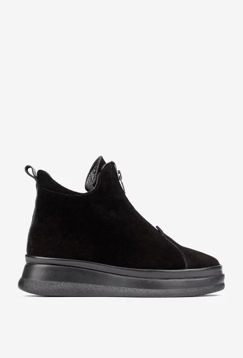 Ghete dama negre din piele intoarsa cu fermoar in fata