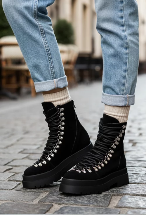 Ghete dama negre din piele intoarsa cu fermoar la spate