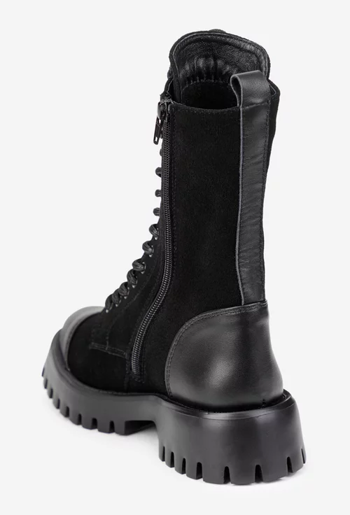 Ghete dama negre din piele intoarsa cu insertii piele box