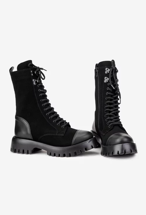 Ghete dama negre din piele intoarsa cu insertii piele box