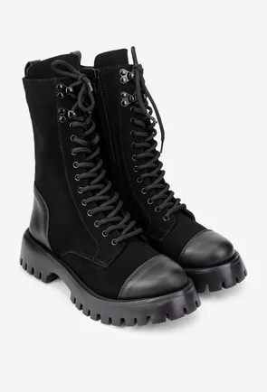 Ghete dama negre din piele intoarsa cu insertii piele box