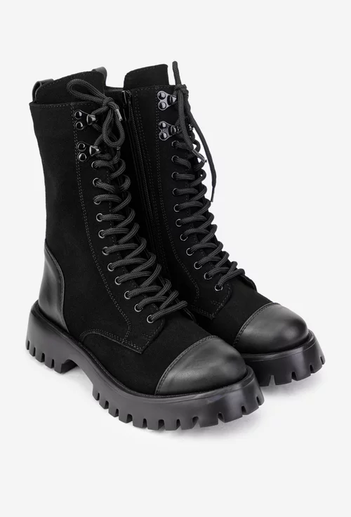 Ghete dama negre din piele intoarsa cu insertii piele box