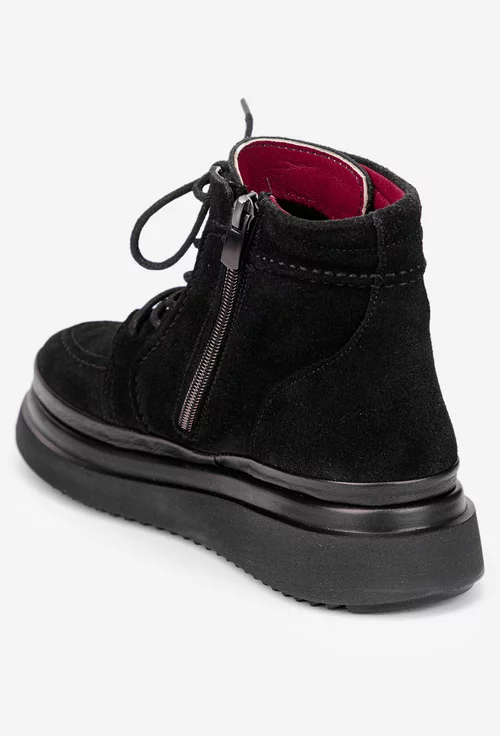 Ghete dama negre din piele intoarsa cu siret si fermoar