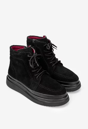 Ghete dama negre din piele intoarsa cu siret si fermoar