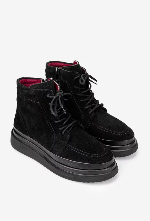 Ghete dama negre din piele intoarsa cu siret si fermoar