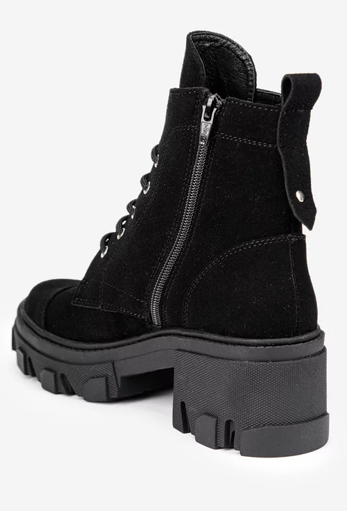 Ghete dama negre din piele intoarsa cu siret si toc masiv