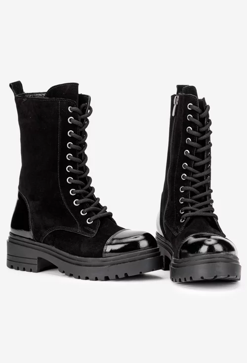 Ghete dama negre din piele intoarsa cu varful lacuit