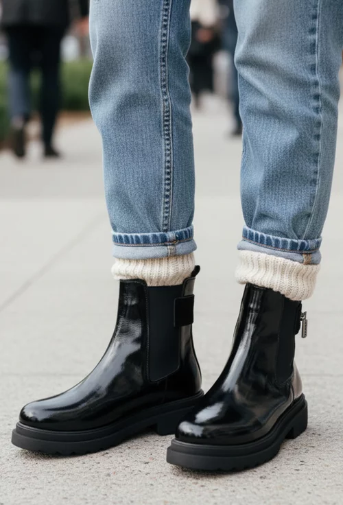 Ghete dama negre din piele lacuita cu ornament