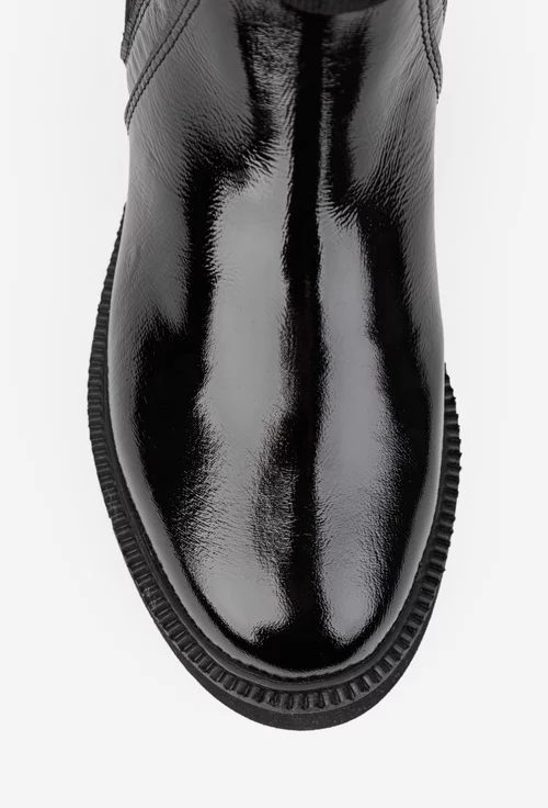 Ghete dama negre din piele lacuita si material textil