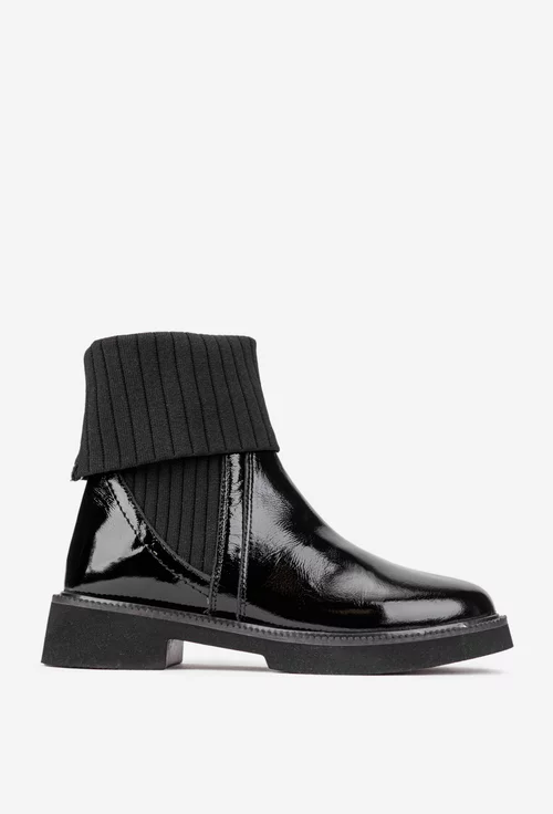 Ghete dama negre din piele lacuita si material textil