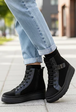 Ghete dama negre din piele nabuc cu ornament