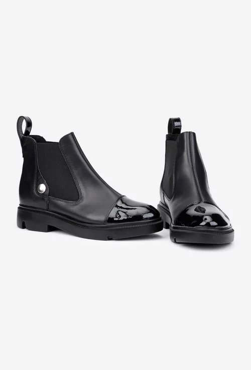 Ghete dama negre din piele naturala box cu detaliu lacuit