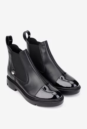 Ghete dama negre din piele naturala box cu detaliu lacuit