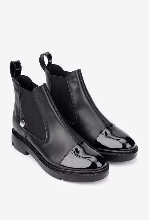 Ghete dama negre din piele naturala box cu detaliu lacuit