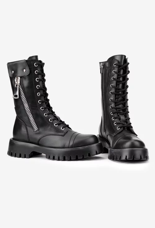 Ghete dama negre din piele naturala cu fermoar decorativ