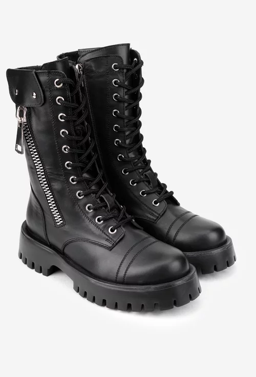 Ghete dama negre din piele naturala cu fermoar decorativ