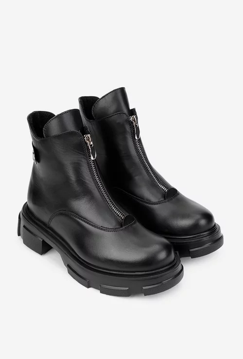 Ghete dama negre din piele naturala cu fermoar in fata