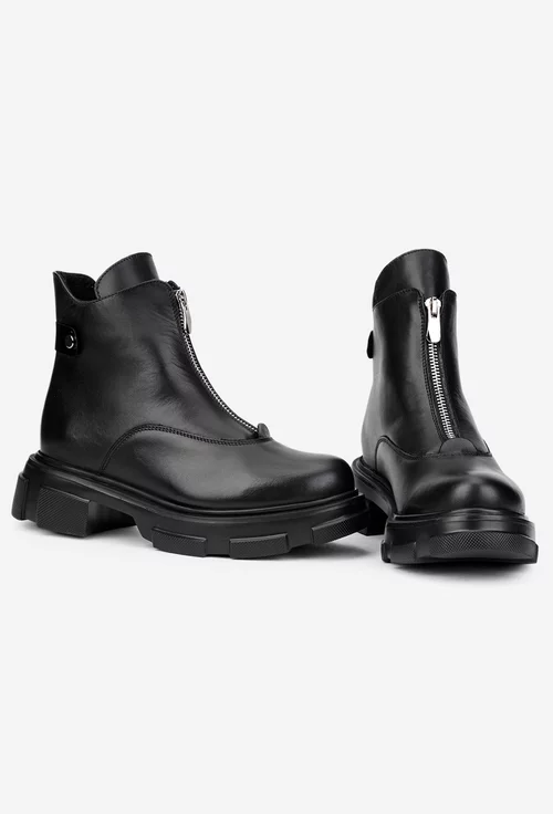 Ghete dama negre din piele naturala cu fermoar in fata