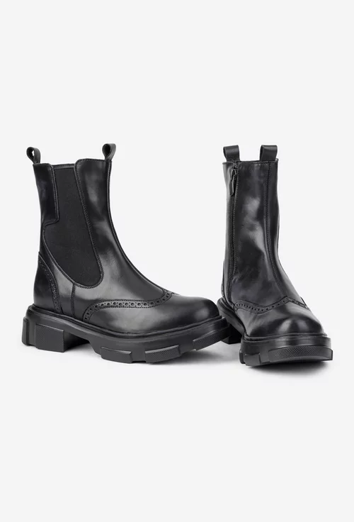 Ghete dama negre din piele naturala cu fermoar si elastic