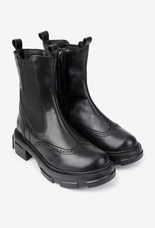 Ghete dama negre din piele naturala cu fermoar si elastic