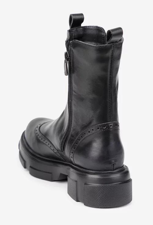 Ghete dama negre din piele naturala cu fermoar si elastic