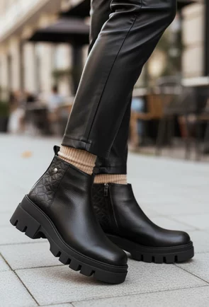 Ghete dama negre din piele naturala cu model