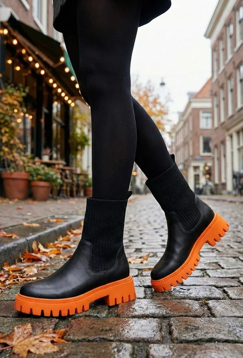 Ghete dama negre din piele si material textil