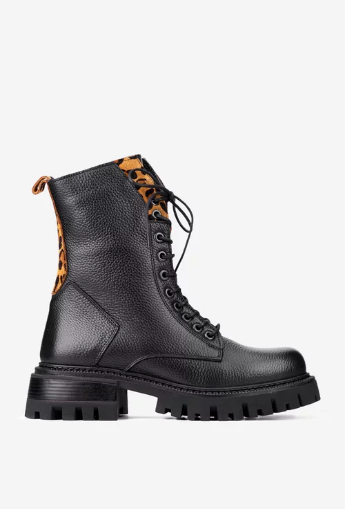Ghete dama negre din piele texturata cu detaliu animal print
