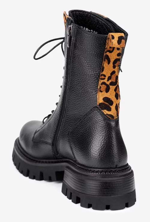 Ghete dama negre din piele texturata cu detaliu animal print
