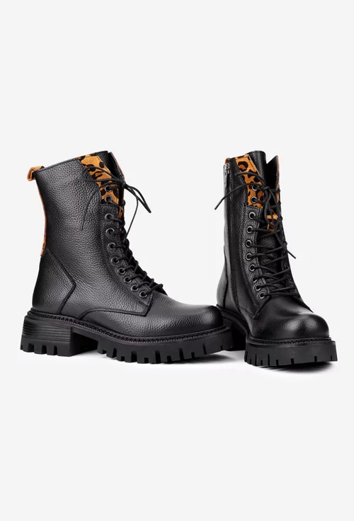 Ghete dama negre din piele texturata cu detaliu animal print
