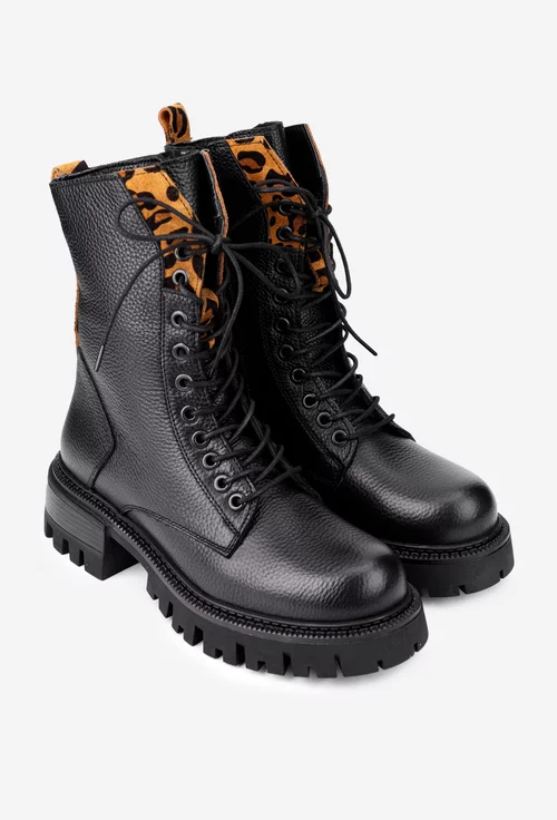Ghete dama negre din piele texturata cu detaliu animal print