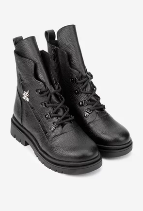 Ghete dama negre din piele texturata cu ornament