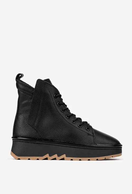 Ghete dama negre din piele texturata cu siret elastic picture - 2