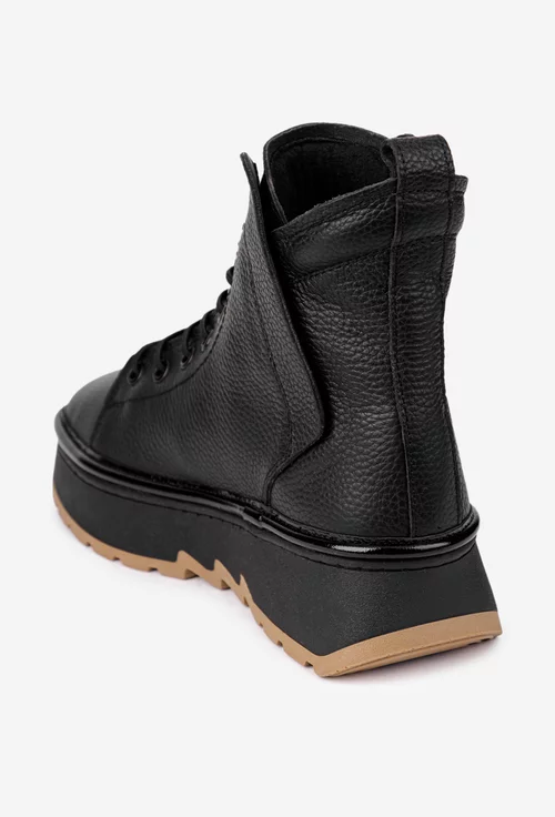 Ghete dama negre din piele texturata cu siret elastic picture - 3