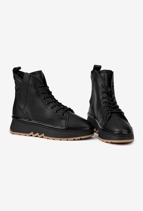 Ghete dama negre din piele texturata cu siret elastic picture - 5