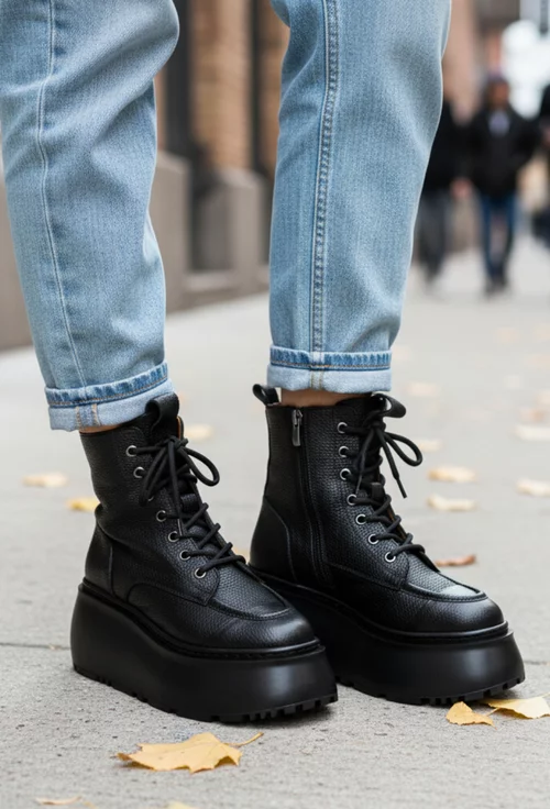 Ghete dama negre NUR din piele texturata cu talpa inalta